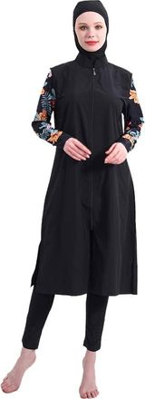 Generic S-3XL Modest Swimwear for Muslim Women 3pcs Loose Burkini Femme Zipper Open Full Covered Swimsuit Floral Printed Sleeve and Long Panty with Hijab (UK,