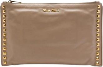 Miu Miu Pre-owned Studded Leather Clutch - Dames - Vintage Clutch - Beige - ONE Size - Leer - Vintage