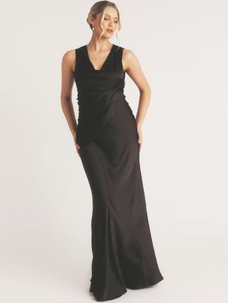 Six Stories Plunge Drape Satin Bridesmaid Dress in Black at Nordstrom, Size 14