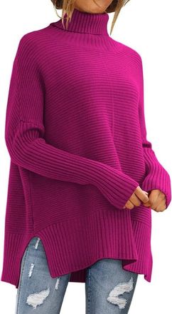 Generic Turtle Neck Tops for Women Turtleneck Oversized Sweater Long Sleeve Ribbed Knit Pullover Cozy Cashmere Jumpers Ladies Chunky Batwing Split Hem Tunic L