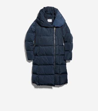 Cole Haan Womens Signature Asymmetrical Collar Convertible Coat 40In - Blue Size Medium