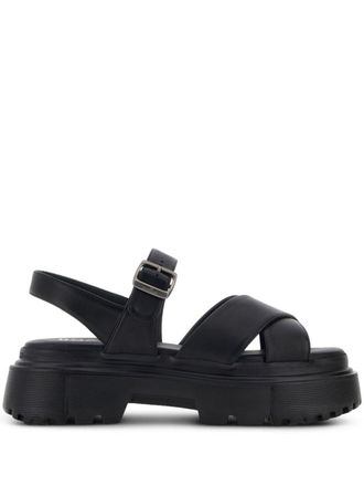 Hogan crossover-straps flat sandals - women - Leather - 36.5 - Black