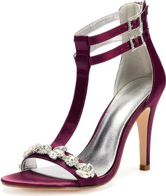 Generic Wedding Shoes High Heels Women Bridal Stiletto Heels Open Toe Heeled Sandals for Dressy Wedding Party 10.5Cm,Burgundy,7 UK
