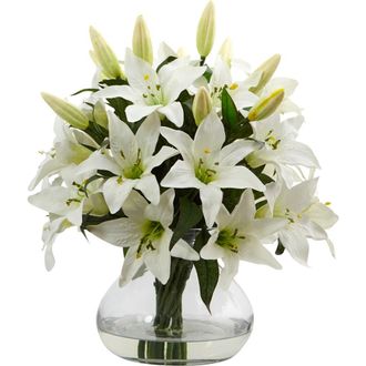 Nearly Natural 16-in Lily Artificial Arrangement with Glass Vase in White at Nordstrom