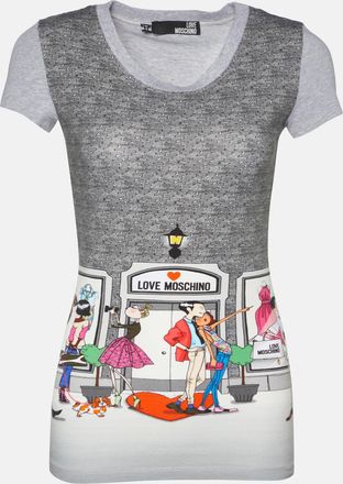 Love Moschino Grey Printed Cotton Knit Round Neck T-Shirt
