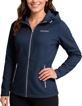 Reebok Womens Softshell Jacket - Super Soft Woven Wind Resistant Womens Fleece Jacket for Golf Running Gym Workout Hiking, Navy, L