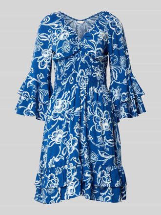 Apricot Minikleid aus reiner Viskose mit Smok-Detail in Blau, Gr&ouml;&szlig;e XXL