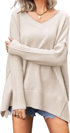 Generic Oversized Sweater for Women V Neck Long Batwing Sleeve Split Hem Pullover Asymmetric Loose Casual Knit Tops 2025 Apricot