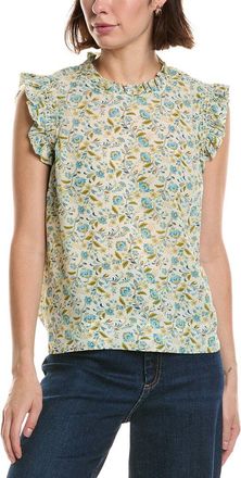 T Tahari Shirred Ruffle Sleeve Printed Woven Top