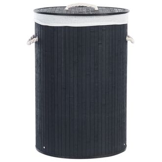 Beliani Cesta De Madera De Bamb&uacute; Negro Blanco 60 Cm Multifuncional Tapa Asas Sannar