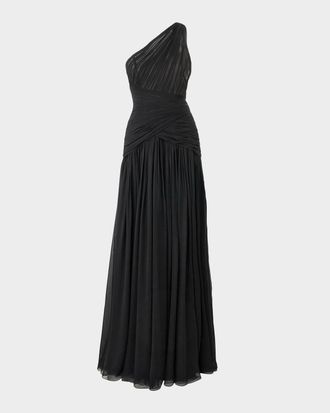 Carolina Herrera Gathered Silk One-Shoulder Slit Gown