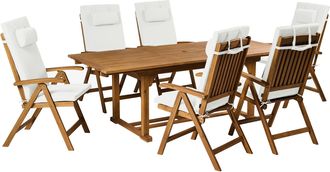Beliani Conjunto De Comedor Exterior 6 Plazas De Madera De Acacia Sillas Plegables Con Cojines Blanco Crema Java Premium