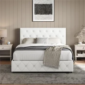 Yaheetech Homevive Estructura De Cama Tapizada Con Cajones De Almacenamiento, Cabecero Regulable, Cama Con Patas De Madera Maciza Y Metal, 140 &times; 200 Cm, Blanco