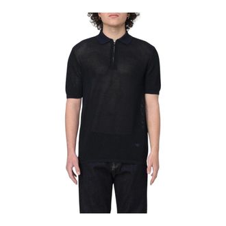 Emporio Armani Polo Shirts, male, Blue, S, Open Knit Short Sleeve Polo Shirt
