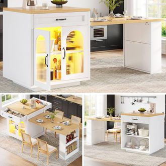 Matteo Extendable Kitchen Island - LED Lighting, Fluted Glass Doors & Storage in White