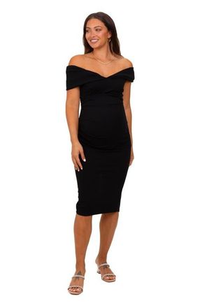 Pinkblush Off Shoulder Fitted Midi Dress in Black at Nordstrom, Size Small