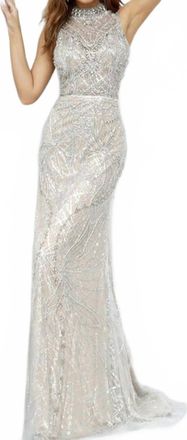 Jovani Sheer Beaded Illusion Prom Gown In Silver Nude