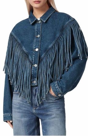 AllSaints Marlene Fringe Trim Denim Jacket in Dark Indigo at Nordstrom, Size 10 Us