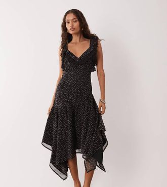 Miss Selfridge Vestito lungo in chiffon a pois con volant e fondo a fazzoletto-Multicolore