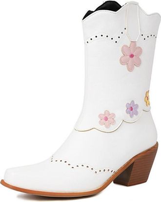 Generic Womens Western Cowgirl Ankle Boots with Colorblock Floral Embroidered Square Toe Low Block Heel Pull On Fashion Shoes (White,5.5)