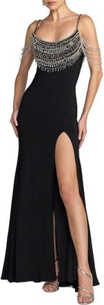 Mac Duggal Crystal Beaded Scoop Back Jersey Gown with Slit in Black at Nordstrom, Size 12