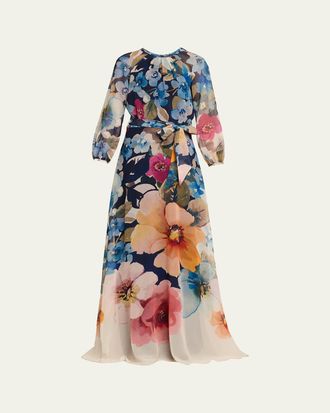 Teri Jon Floral-Print Chiffon Gown