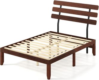 Costway Double Size Bed Frame Solid Wood Platform Bed w/Retro Headboard-Walnut