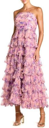 Mac Duggal Printed Mesh Strapless Ruffle A Line Midi Dress in Orchid Multi at Nordstrom, Size 10