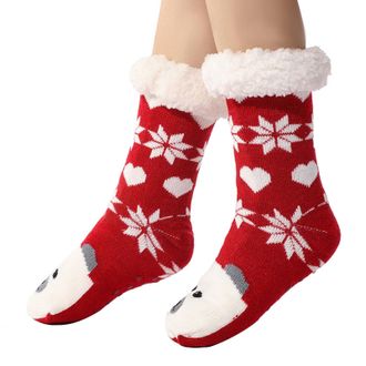 Generic Christmas Slippers for Women Cute Warm Socks Thermal Ladies Non Slip Soft Home Non-Slip Bootee Winter Wool Socks Extra Warm Thermal Knit With Pompoms 