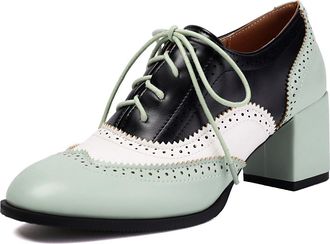 Generic Womens Patent Leather Vintage Brogues Mid Block Heel Oxfords Dress Shoes Lace-Up Casual Shoes,Green,3.5 UK