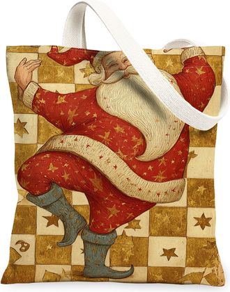 Generic Christmas Santa Canvas Tote Bags, Vintage Holiday Design Reusable Grocery Bags, Festive Lightweight Washable Shoulder Strap, Red, 13x15 Inch