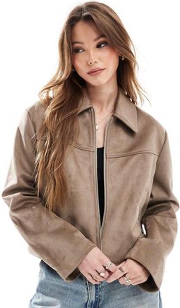 Asos faux suede top collar jacket in stone-Neutral