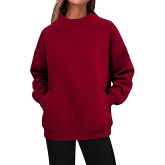 Generic Solid Color Side Pocket Casual Pullover Sweater Soft Comfortable Long Sleeve Crewneck For Everyday Wear (Red, L)