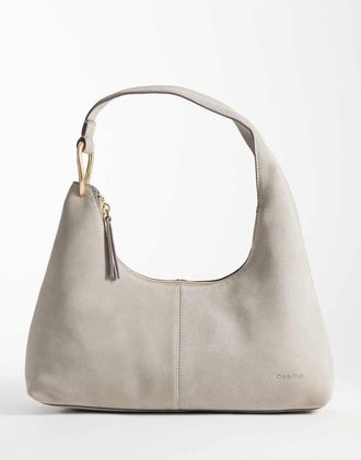 Calvin Klein borsa a spalla morbida in camoscio con finiture dorate beige-Grigio