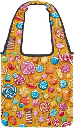 Generic Yellow Candy Pattern Reversible Canvas Shoulder Tote - Double-Sided Print, 12oz Cotton, 27cm Drop, Fold-Flat Bag for Travel, Shopping, Street Outings