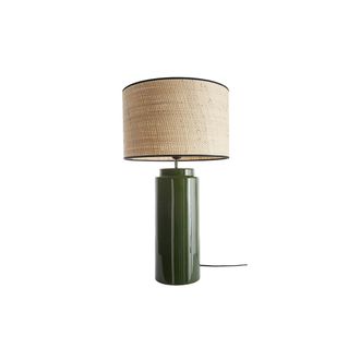 Miliboo L&aacute;mpara De Mesa De Cer&aacute;mica Esmaltada Verde Con Pantalla De Rafia Natural 64 Cm Majes
