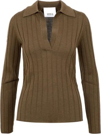 Erika Cavallini Semi Couture Bruine Polo Shirt van Wol met Lange Mouwen - Dames - V-hals truien - Bruin - S - Wol - Truien & Vesten