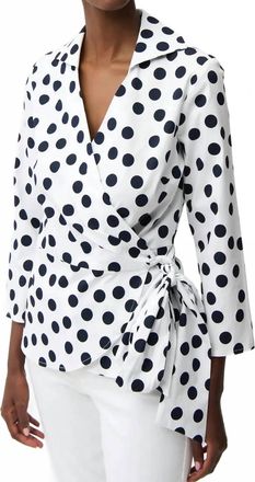 Joseph Ribkoff Polka Dot Quarter Sleeve Wrap Top In Vanilla/midnight Blue