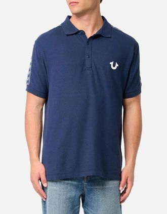 True Religion Mens True Religion Mens Polo Shirt Relaxed Fit SS Damask Velour Pique Polo Shirts - Navy - Size: 38