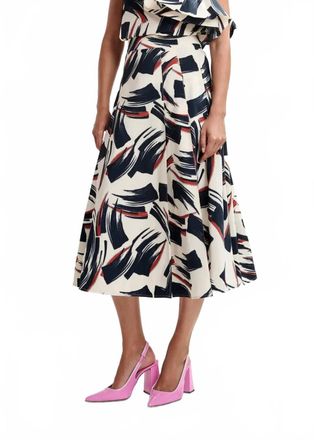 Essentiel Jaelyn Deep Pleat Midi Skirt In Off White/navy/brown