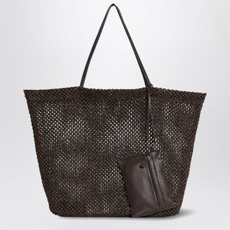 The Row Geometric crochet nylon tote bag in dark brown