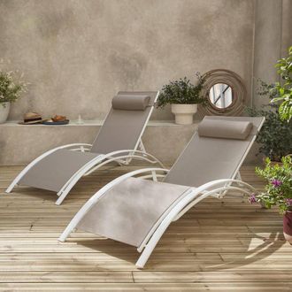 Sweeek Set Of 2 Aluminium & Textilene Sun Loungers 4 Reclining Positions in Beige