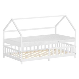 ML Design Ml-design Cama Infantil 120x200cm Blanco, Con Colch&oacute;n, Protecci&oacute;n Antica&iacute;da, Techo Y Somier, Listones De Madera De Maciza De Pino Lecho Doble Montesso