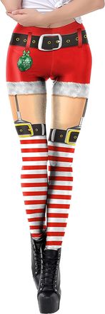 Feoya Womens Christmas Costumes Print Stretchy Leggings Xmas Funny Tights Santa Striped Leggings Yoga Skinny Pants Festival Trousers Workout Running Pilates
