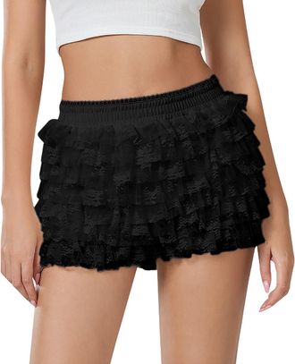 Generic Womens Layered Ruffle Shorts Lolita Y2K Lace Mini Shorts Elastic Waist Pumpkin Pants (UK, Alpha, L, Regular, Regular, Black)