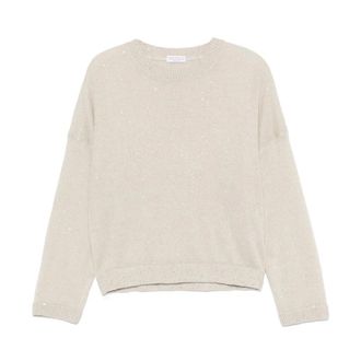 Brunello Cucinelli Brunello Cucinelli, Round-neck Knitwear, female, Gray, Size: L Light Beige Linen Silk Crewneck Sweater