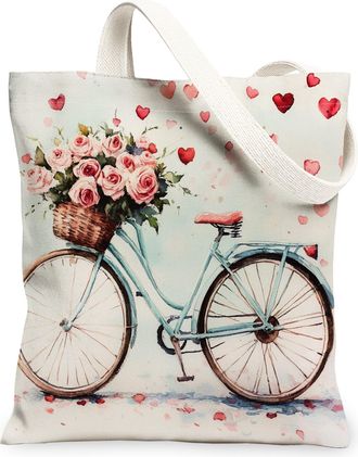 Generic Floral Bike Canvas Tote Bags, Vintage Style Reusable Grocery Bags, Lightweight Washable Shoulder Strap Canvas for Spring Outdoor Travel Beach Picnic 1