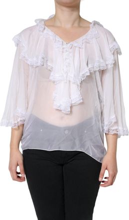 Dolce & Gabbana Womens White Ruffles Lace Long Sleeve Blouse Top Silk Nylon Viscose