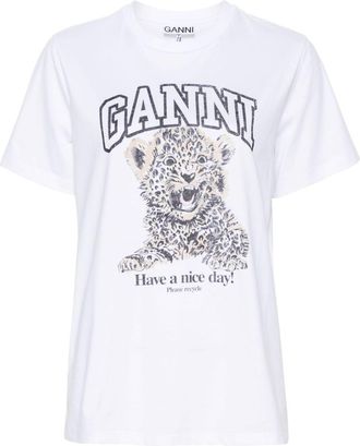 Ganni leopard jersey T-shirt - women - Organic Cotton - 4XL - White