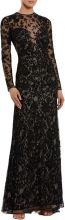 Mac Duggal Long Sleeve Floral Embellished Gown in Black Nude at Nordstrom, Size 12